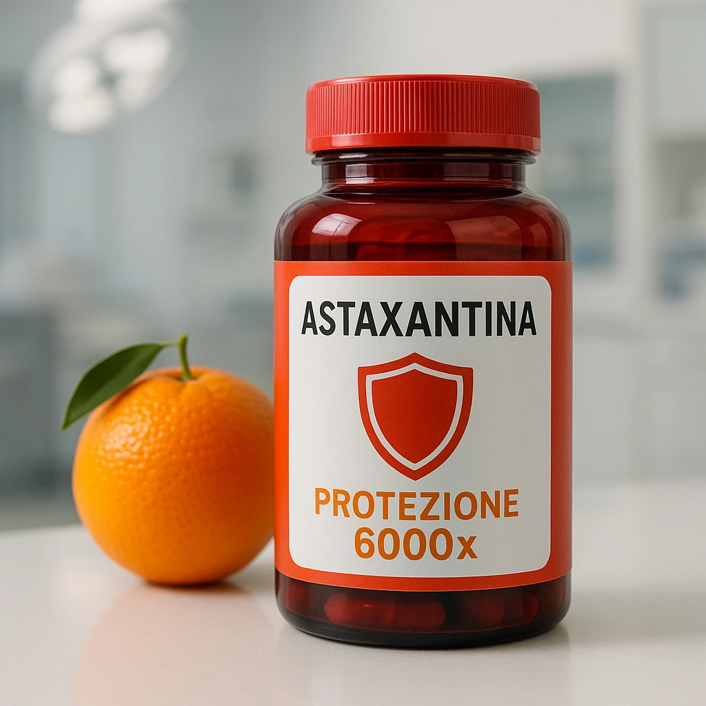 hyper realistic astaxanthin with shield symbol and orange, red bottle, text 'Protezione 6000x', clinical atmosphere, realistic details emoji
