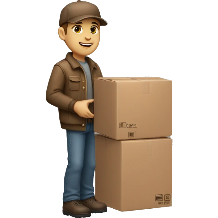 Delivery boy, full body, light skin tone, wearing brown cap and brown jacket, UPS delivery company uniform loading a package without background emoji