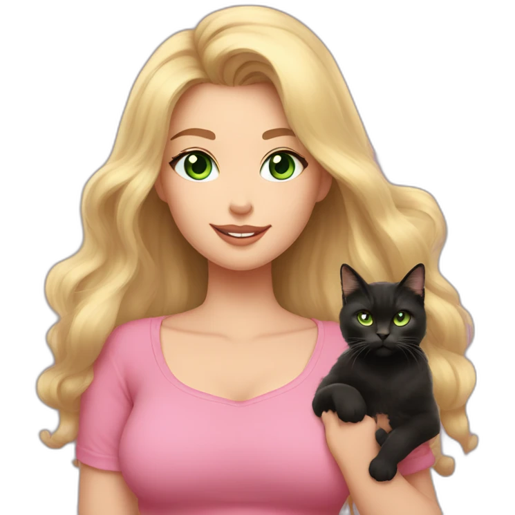 woman with green eyes and long wavy blonde hair and big boobs in a pink shirt is holding a very fluffy and fat black and tortoiseshell cat emoji