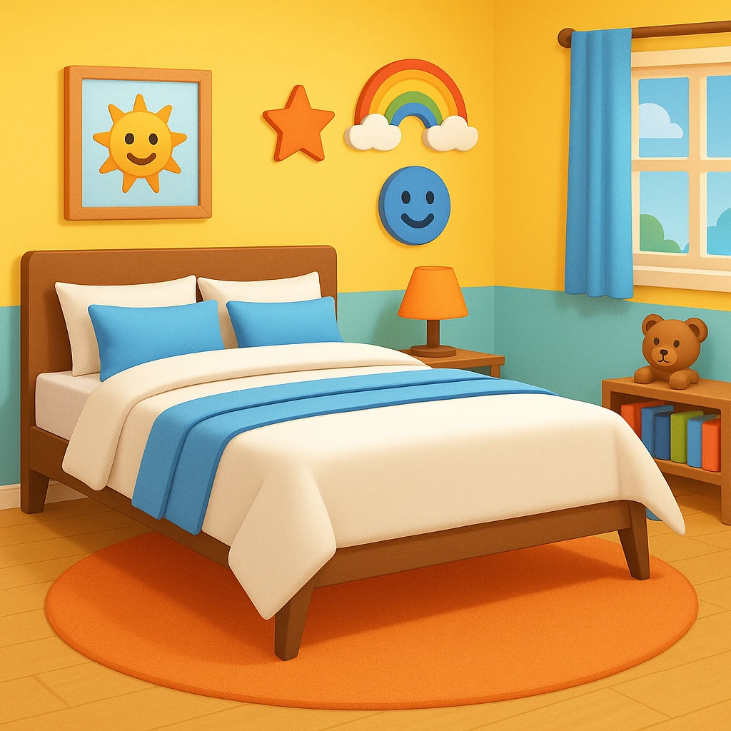 Add a colorful bedroom background with bright walls, playful decorations, and a cozy rug. Keep the room tidy and inviting in emoji style emoji