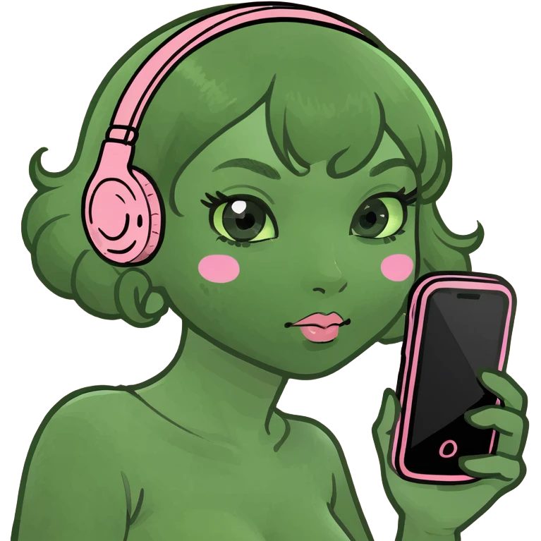 kawaii girl scrolling on pink cell phone emoji