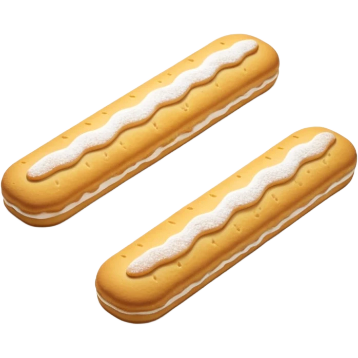 two ladyfinger biscuits, soft elongated shape, golden-brown, powdered sugar on top, airy and crisp exterior, spongy texture, arranged in a slight scatter, clean 3D rendering, soft light, subtle shadow, no packaging, no anthropomorphic features, transparent background, emoji scale emoji