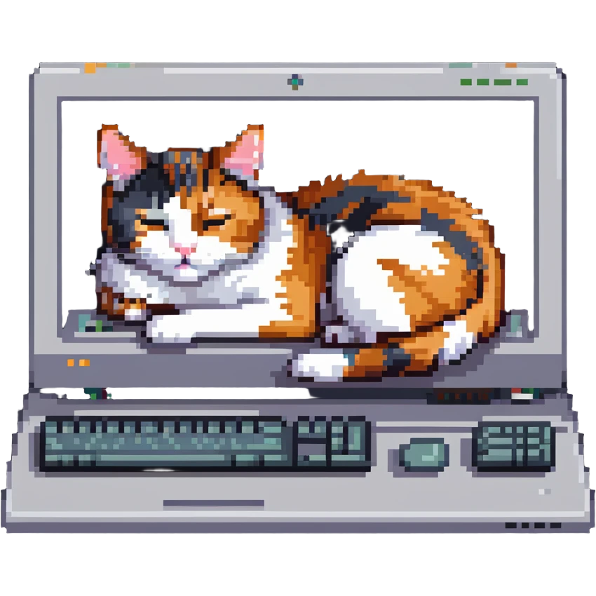 cute calico cat sleeping on computer emoji