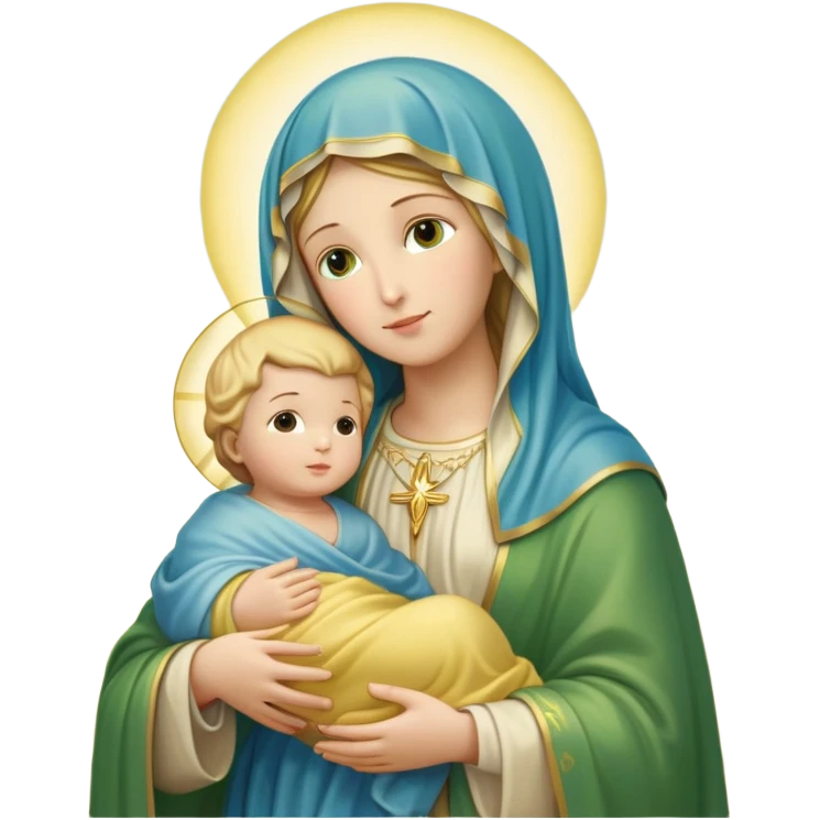 "A highly detailed iOS 18 emoji-style depiction of the Virgin Mary holding baby Jesus. Mary is wearing a green and blue mantle with a soft yellow veil, holding baby Jesus wrapped in a light yellow cloth. Both figures have soft, serene expressions and golden halos around their heads. The background is a glowing golden light with subtle clouds below them. Render in Apple emoji aesthetic — smooth, rounded shapes, bright pastel colors, glossy finish, minimalistic yet expressive, iconic emoji style. Maintain full fidelity to the original pose, colors, and facial features." emoji