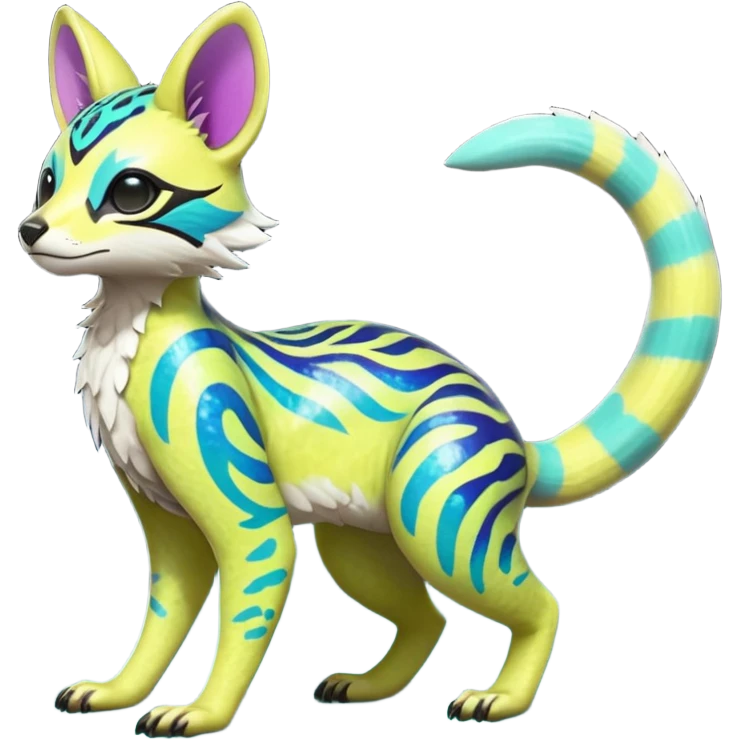 Rare realistic neon-colored iridescent shiny warm-colored lush tropical exotic cute epic pretty beautiful handsome gorgeous aesthetic colorful vibrant Vernid-Protogen-Primagen-Wickerbeast-Genet-Trico-species-Fakemon-hybrid-creature by LiLaiRa, beautiful intricate markings, full body emoji