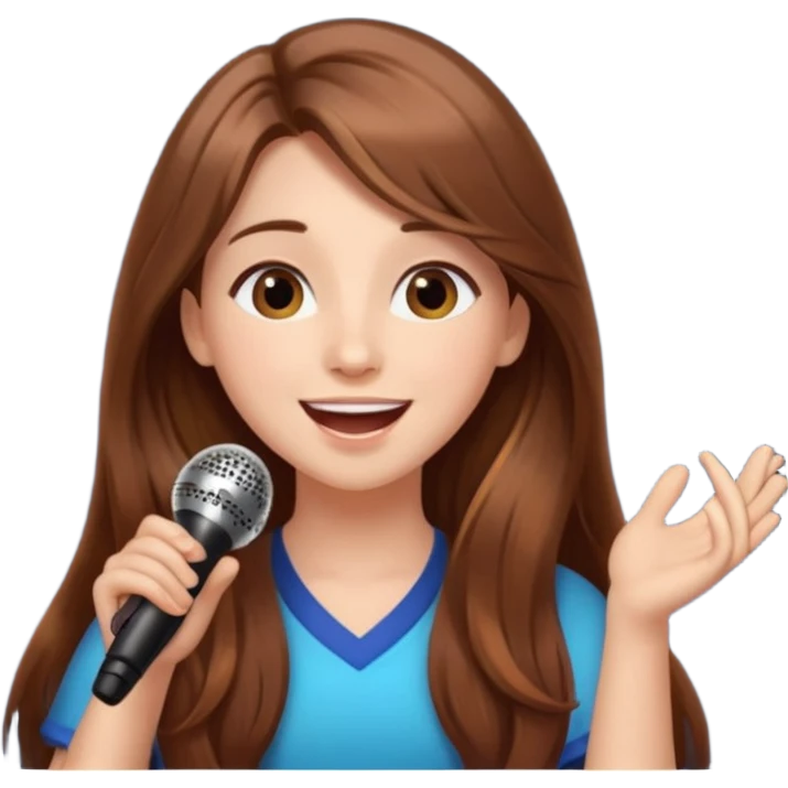 Beautiful Girl with long brown hair singing karaoke funny light blue aesthetic background with lights emoji