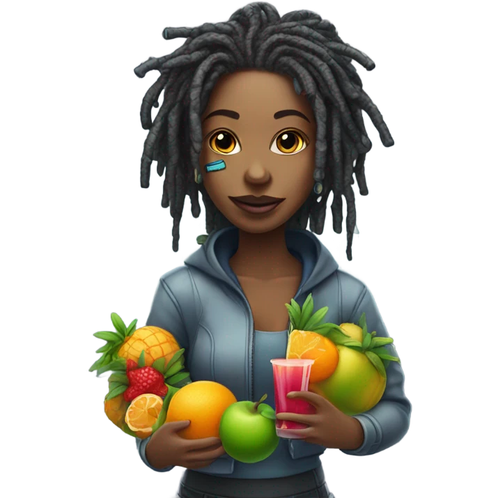 Cyborg lady with locs juice fruit emoji