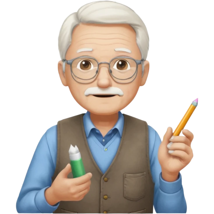 Man teacher: old, wearing vest, wearing glasses, hold chalk on their hand emoji