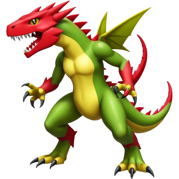 Cool edgy shiny Guilmon-Flygon-Tyranitar-Drudigon-Digimon-hybrid-fusion, yellow belly, full body emoji