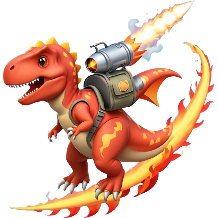 rocket-propelled dinosaur character, cute T-rex, rocket pack on its back, flames and smoke trail, dynamic flying pose, 3D cartoon, mobile game icon style, clean background, no text, no watermark
 emoji