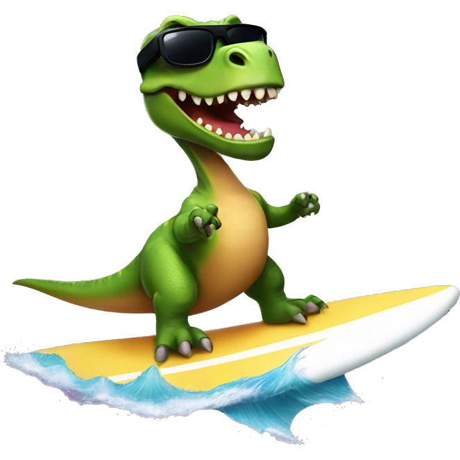 Dinosaur riding a surfboard with sunglasses emoji