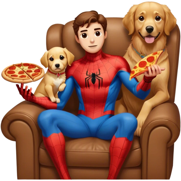 Spider-Man, sitting on a recliner with a pizza in his hand next to a golden retriever emoji