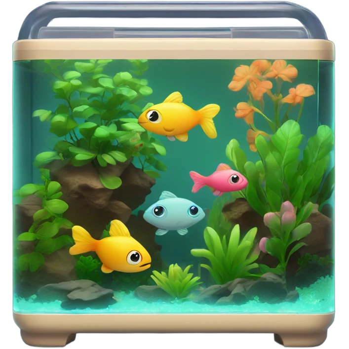 Rectangular fish tank, beige lid and wedgesk with plants inside  and cute fish in neon colors  emoji