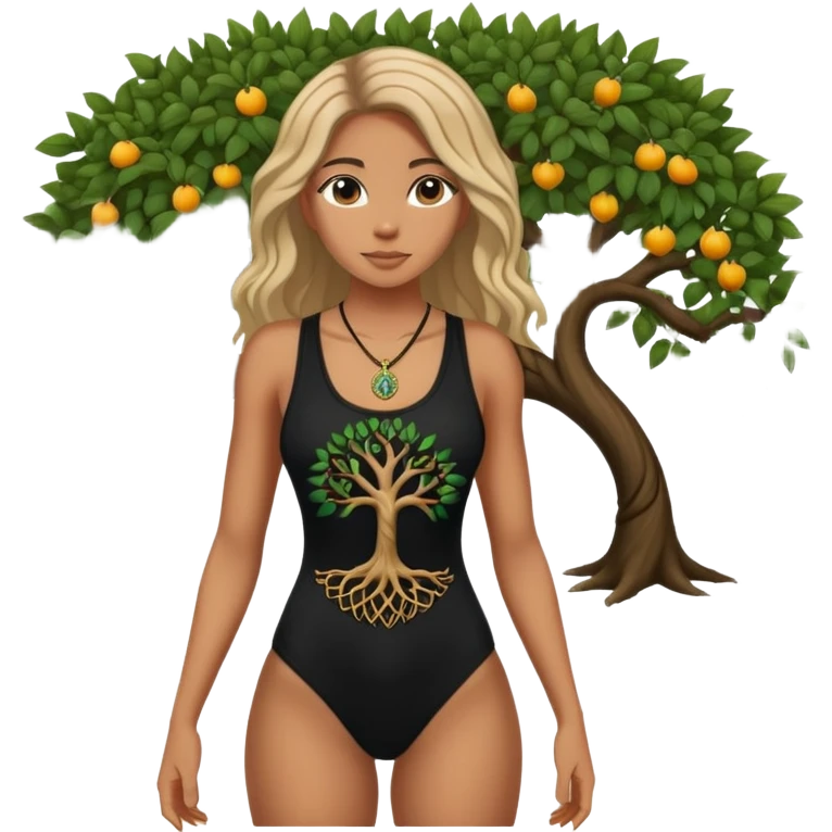 Women’s Black weaved tank top body suit with a tree of life pendant woven in emoji