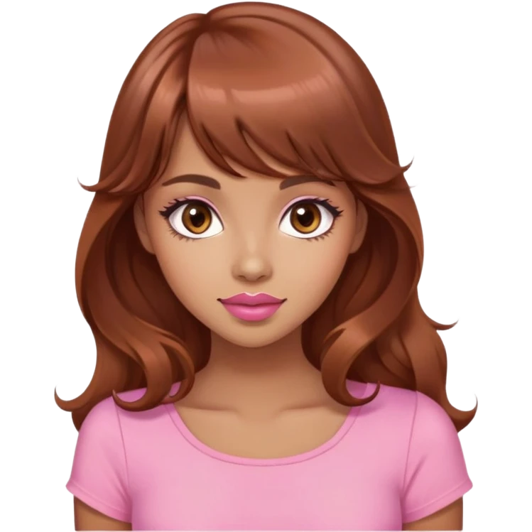 cute woman, tan skin, big brown eyes, long wavy auburn hair, bangs, pink top, peachy pink lipstick emoji