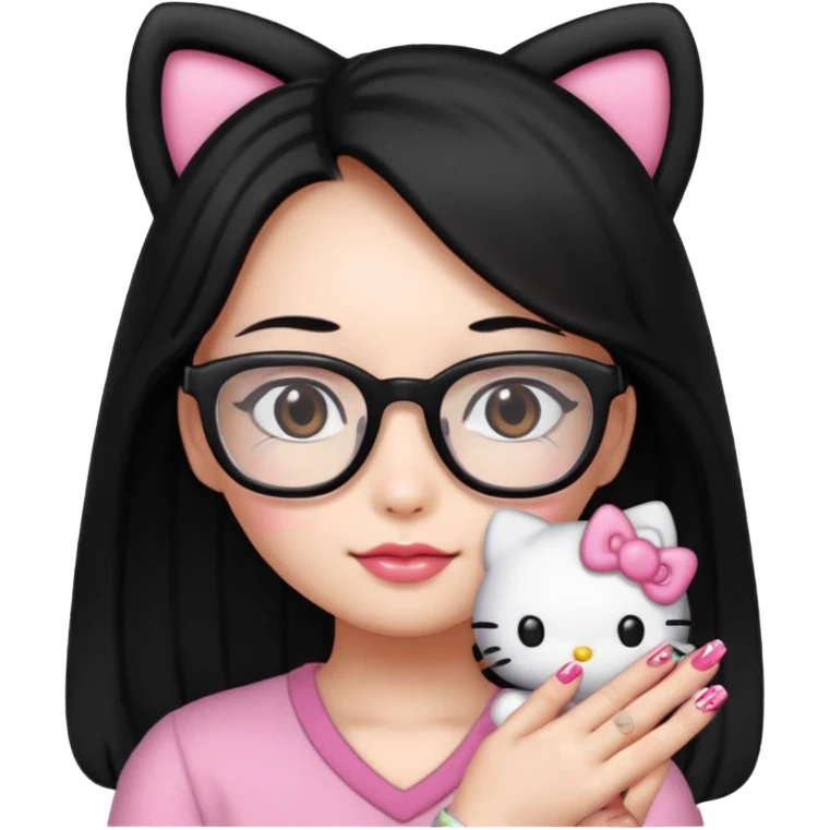 Nails cute hello kitty wear glasses black long  hair emoji