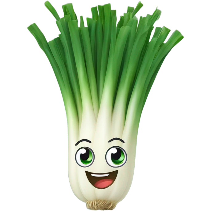 Cheerful green onion with big expressive eyes, a wide smile, and a few green stalks on top. Designed in a cute, cartoonish style with vibrant colors. emoji