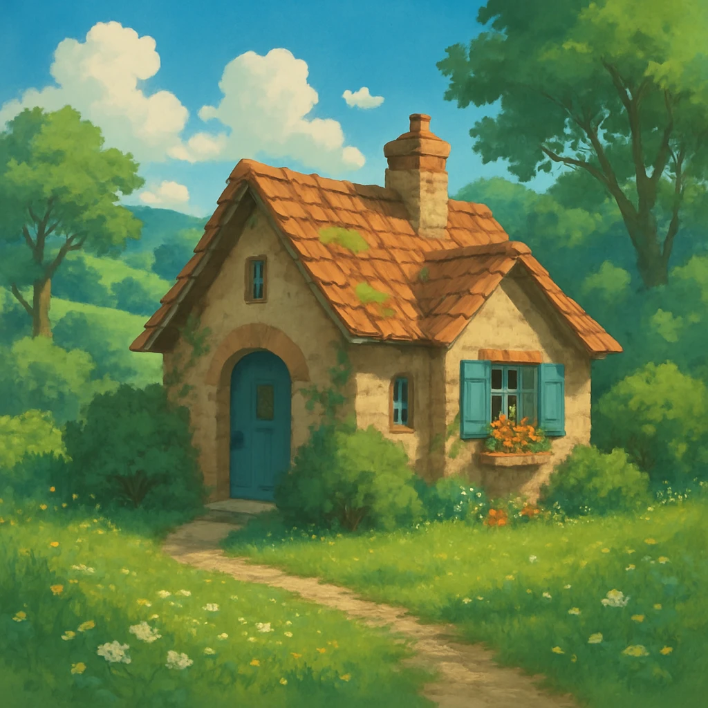 cozy cottage in a lush landscape, ghibli style emoji