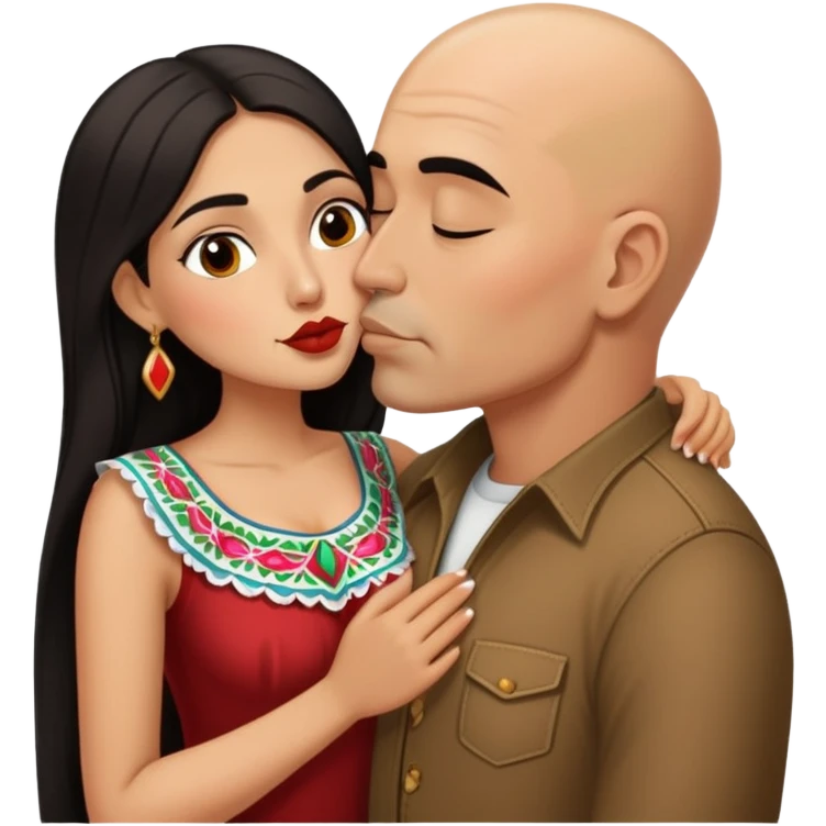 short Mexican  woman with long dark hair kissing tall bald Mexican  man emoji