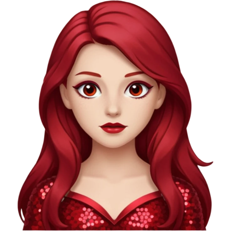Chappell Roan (b.1998) with long dark red hair, red sequin outfit, makeup emoji