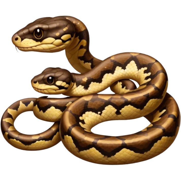 A photo-realistic digital illustration of a Ball Python, chest upward, with a short, rounded head, thick body, and a calm, curious expression. It has a warm brown base color with irregular dark blotches shaped like “alien heads,” and matte-textured scales that emphasize its small, stocky form. emoji