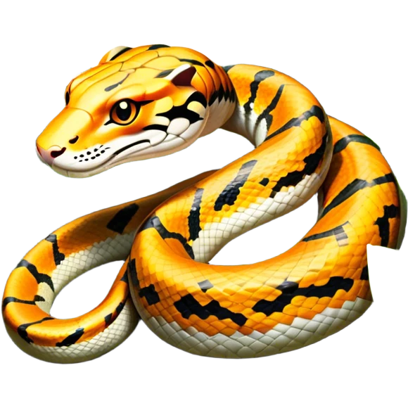 Tiger python coiled up on the ground, blending with the dense jungle foliage. Its distinct orange and black stripes stand out against the vibrant green of leaves and plants. Sunlight filters through the trees, highlighting the snake's patterned scales. Transparent background. emoji