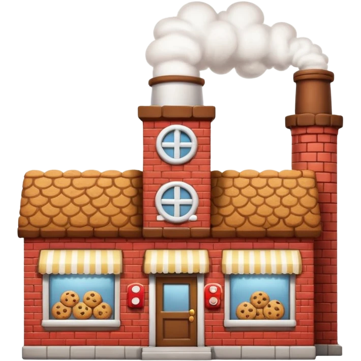 Small cartoon-style bakery factory with a red brick base, a single chimney puffing white smoke, cookie crates outside, emoji-style emoji