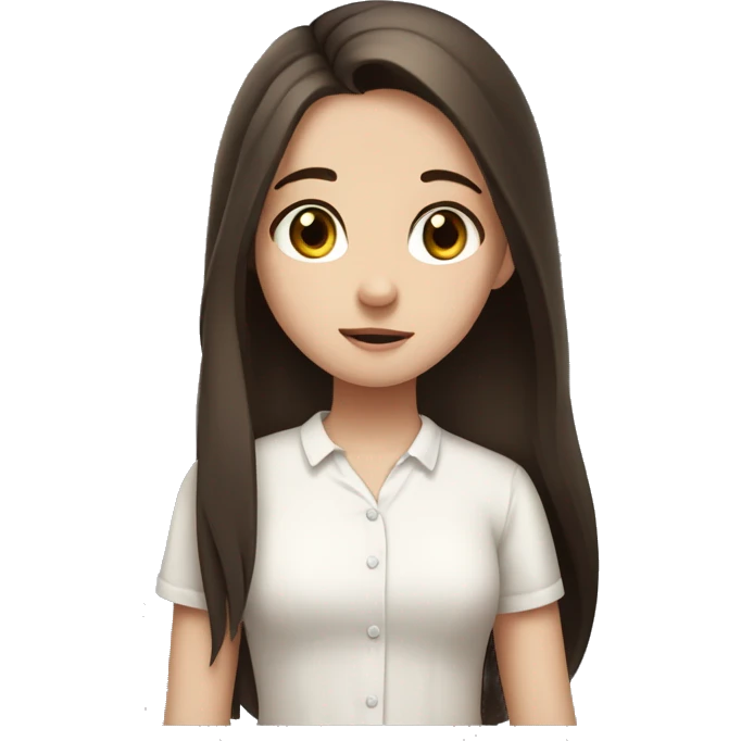A fair-skinned young girl with blue eyes and long dark brown hair. She is wearing a white blouse and has a facial expression that reflects embarrassment, shyness, and cuteness. Something similar to the "🥹". emoji