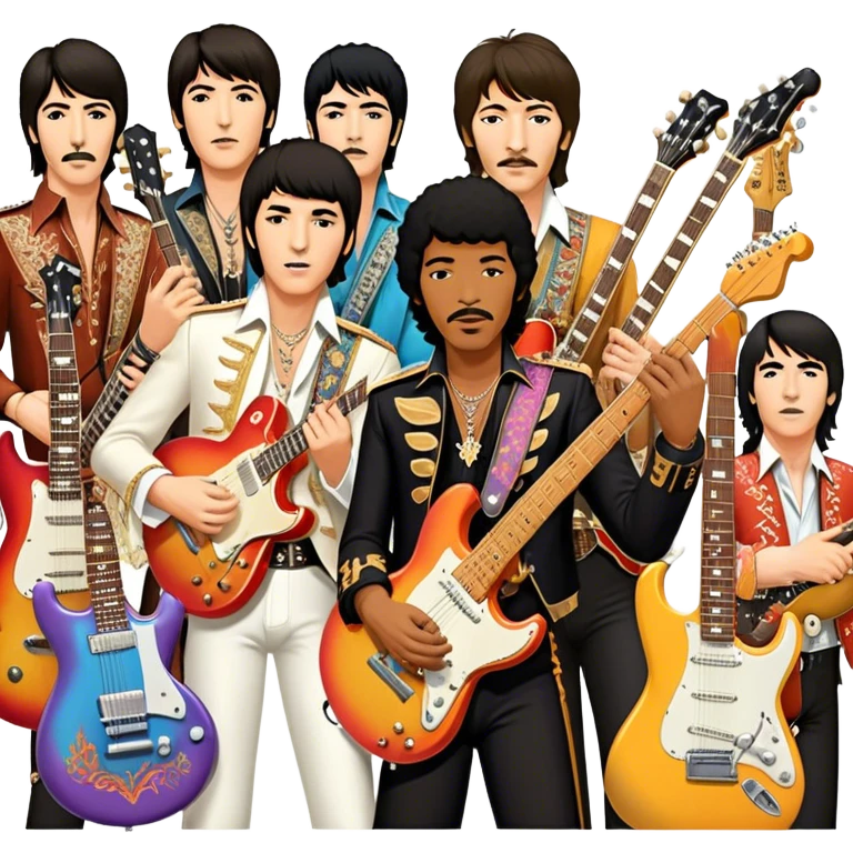 Rock music icon: collage of legendary rock stars—The Beatles, Jimi Hendrix, Elvis Presley, Queen, Nirvana, Led Zeppelin. Electric guitars, amplifiers, and microphones surrounded by vibrant stage lights and musical notes. Transparent background. emoji
