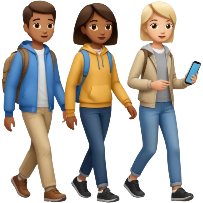 iOS emoji style. 2 friends and a teenager walking and talking.  emoji