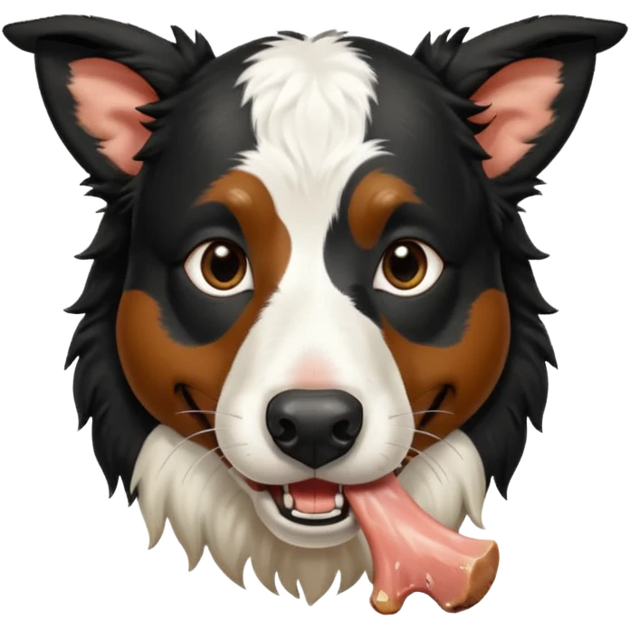 A black and white border collie is chewing on a rotten, smelly cow's hoof. emoji