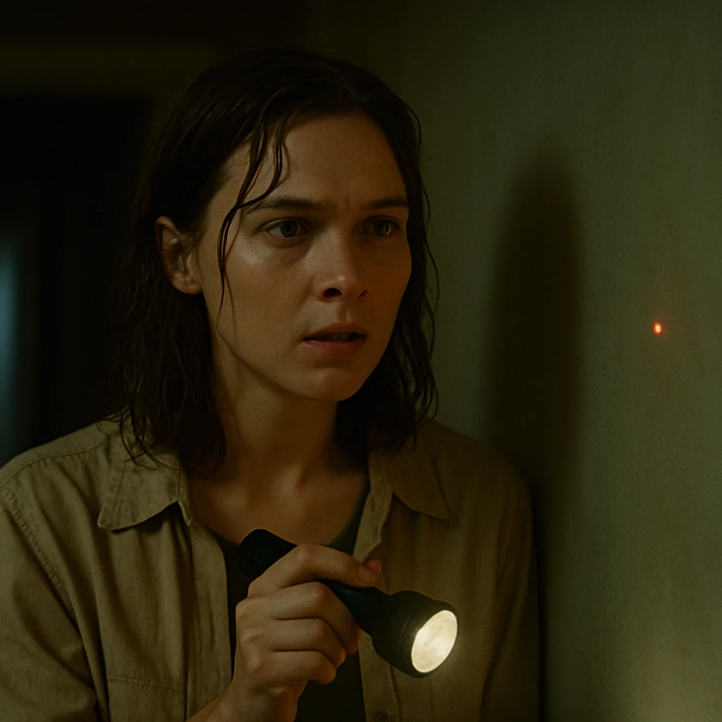 Cinematic still of a Woman looking for a dot emoji
