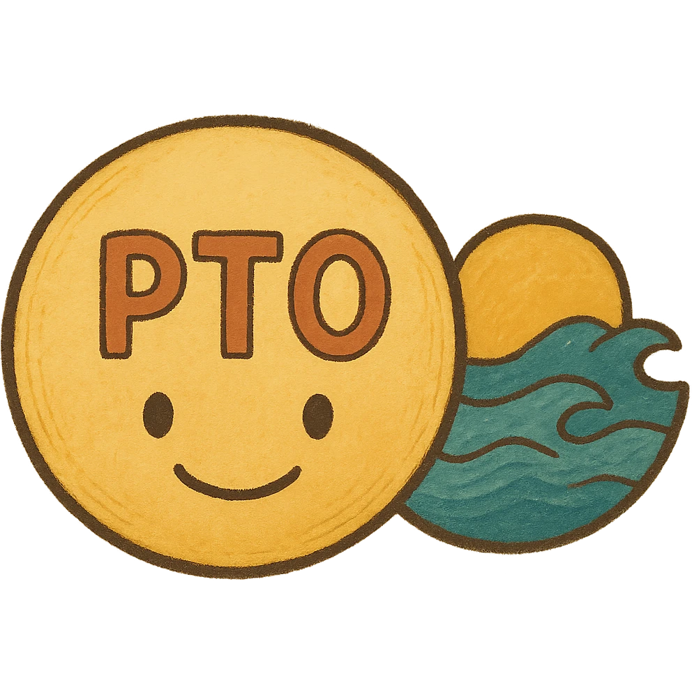 emoji with the text 'PTO' and a sun and waves ghibli style emoji