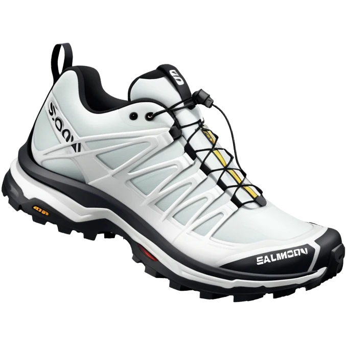 White Salomon XT-6 Gore-Tex sneakers as a pair with one shoe positioned behind the other, iOS emoji style, featuring trail running design with zigzag overlays and aggressive sole emoji