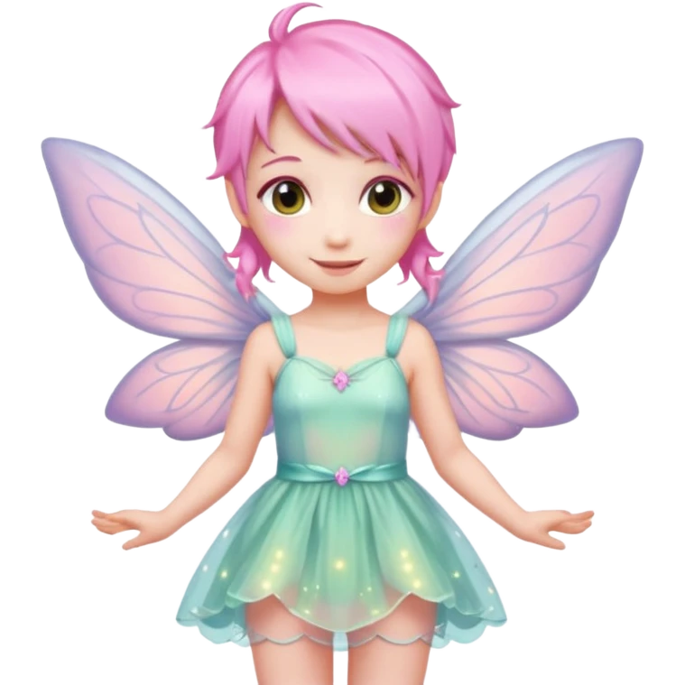 A tiny pastel fairy with pink hair with glowing wings and a sweet smile  emoji