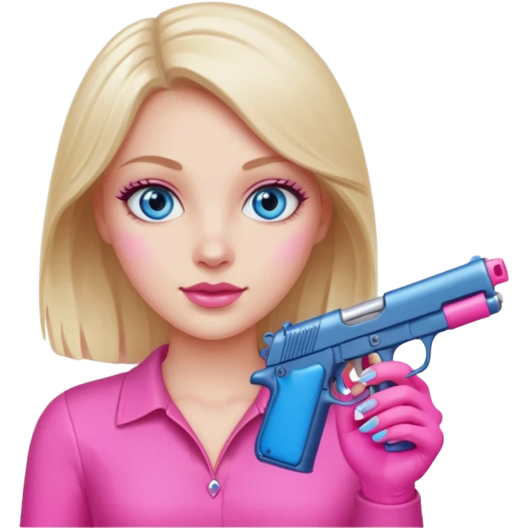 White Girl hand pink nails holding pink gun with blue eyes emoji