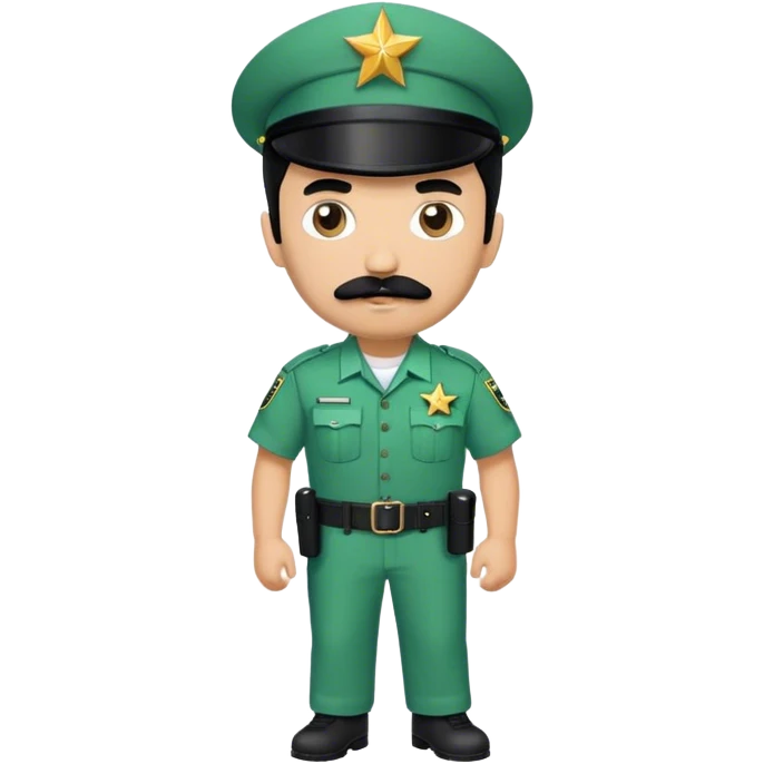 Chill guy in correctional officer green uniform. Full body. Black hair black mustache.  Light brown skin tone. Star badge. With duty belt and baton. emoji
