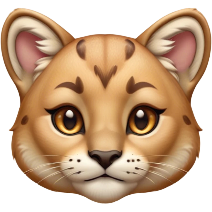 Cinematic Cute Cougar Portrait Emoji, Head tilted playfully and inquisitively, featuring a glossy, tawny Fur with delicate dark markings and round, sparkling amber eyes filled with curious mischief, Simplified yet irresistibly adorable features, highly detailed, glowing with a warm, friendly glow, high shine, affectionate and agile, stylized with a touch of wilderness whimsy, bright and endearing, soft glowing outline, capturing the essence of a mischievous yet loving cougar, so playful it feels like it could prowl out of the screen and into your arms! emoji