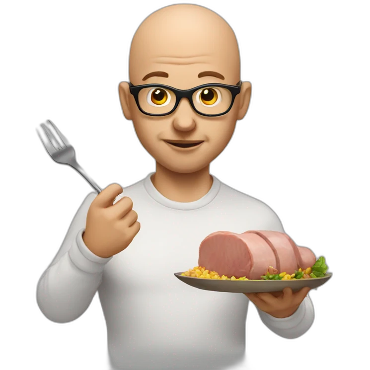 bald man with glasses eating a big pork emoji
