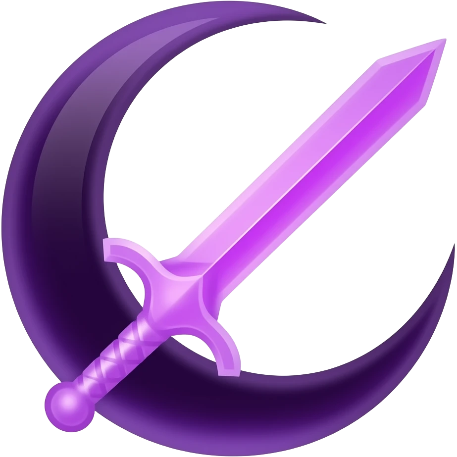 Glowing dark purple detailed crescent moon with an elegant detailed glowing purple transparent sword, emoji style. Soft violet and pink glow, minimal clean design, smooth edges, subtle lighting, centered, high contrast, transparent background. emoji