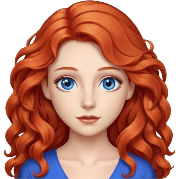 Chappell Roan (b.1998) with red long wavy hair, makeup, blue eyes emoji