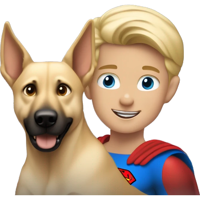 blond boy with blue eyes flying with his malinois dog superman emoji