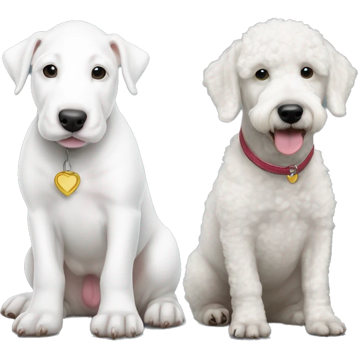 one white bull terrier puppy and one white standard poodle  emoji