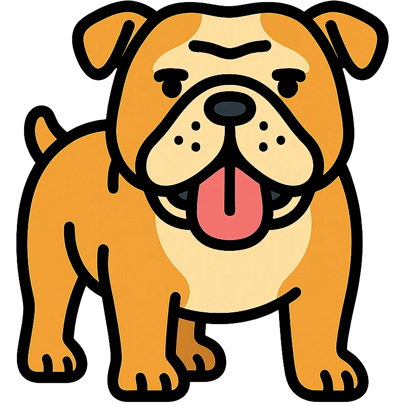 English bulldog, standing, tongue out, clear outlines, color icon style emoji