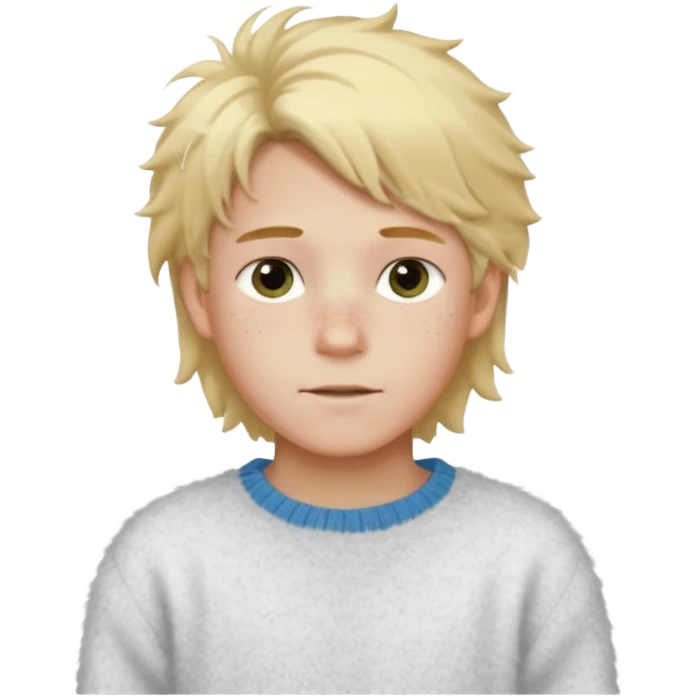 create-a-look-for-a-blond-boy-with-long-tousled-hair-light-eyes-a-white-sweat + fluffy white sweater + styled hair blonde with hair to the side cute + cute face with freckles  medium hair fluffy to the side no long hair cute hair blonded no messy emoji
