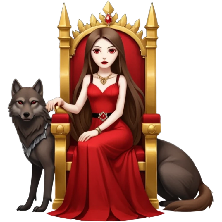 Lilith symbol seductress evil brown straight long hair haired, sexy succubus woman with red and black Chanel dress sitting on a Black and gold throne. A large black wolf laying beside he emoji