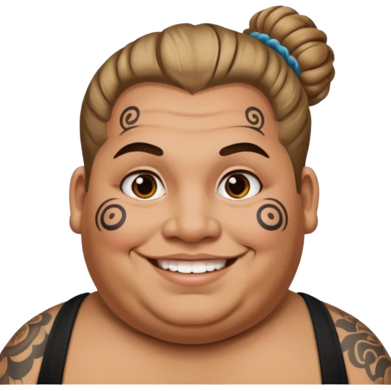 obese man with lots of face tattoo and hair bun emoji