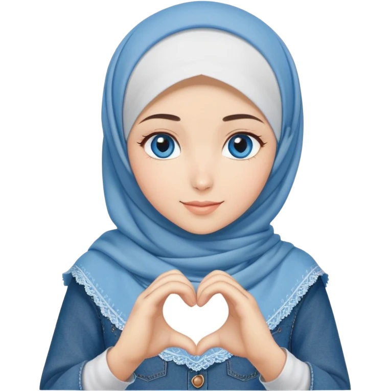 Turkish beautiful finish Konya girl blue eyes with denim hijab islamic dress and making heart with hands and with thank you text emoji