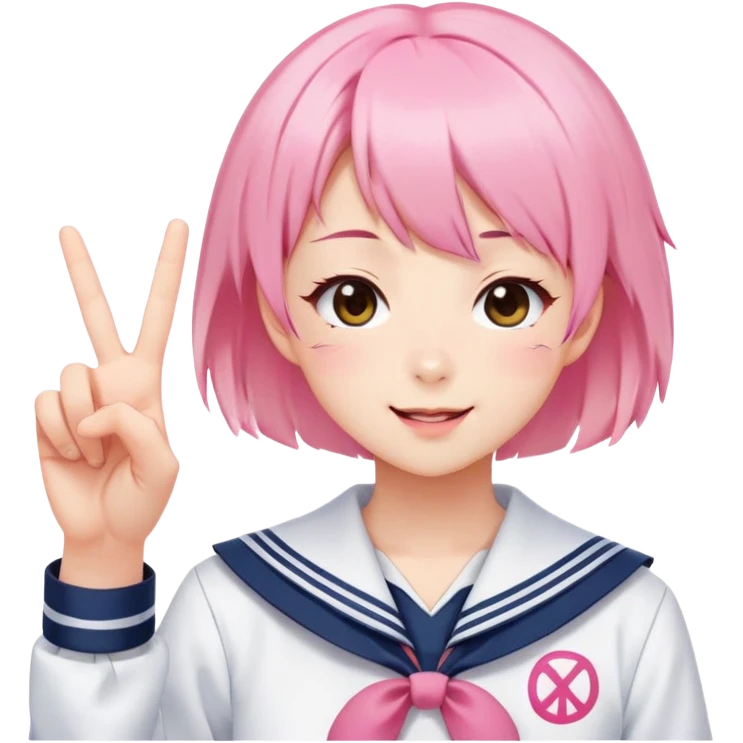 Energetic anime girl with short pink hair wearing Japanese sailor style school uniform, winking and making double peace signs, very cheerful and bubbly, kawaii style emoji
