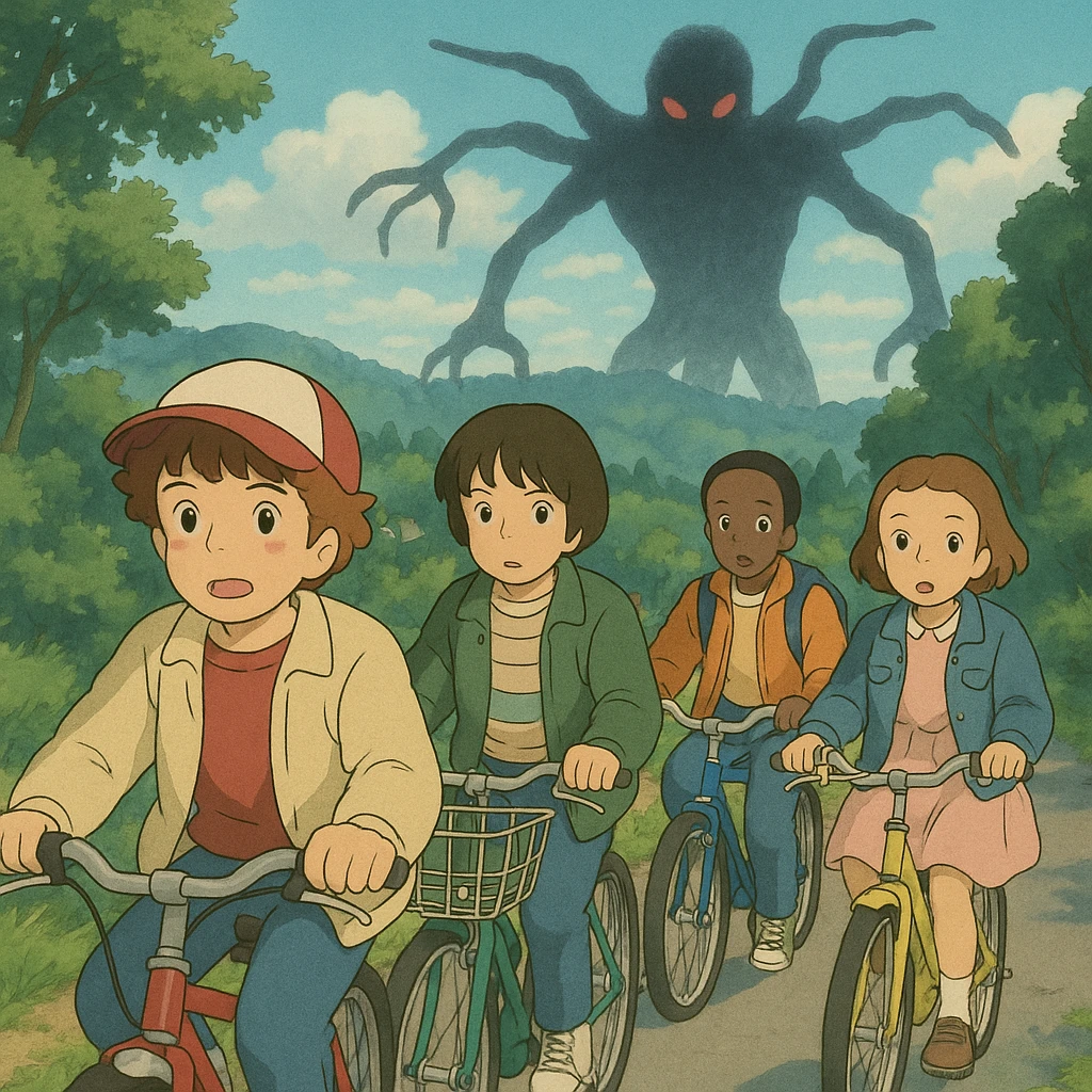 A group of kids in 80s outfits on bikes, with a shadowy monster in the background, Stranger Things, in a Ghibli-inspired style emoji